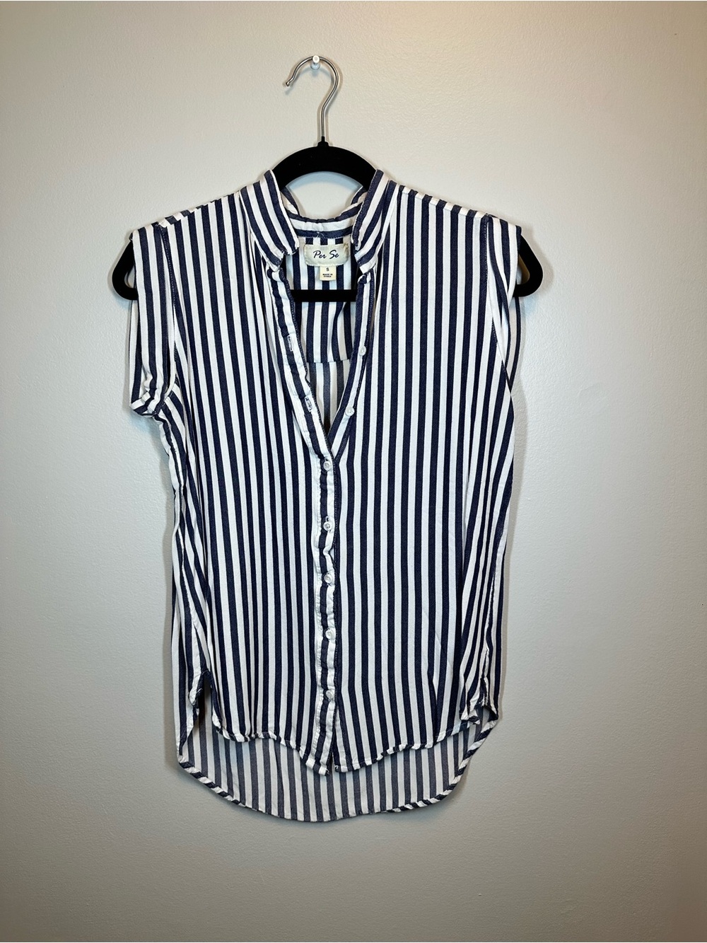 Navy & White Striped Sleeveless Button-Down Top